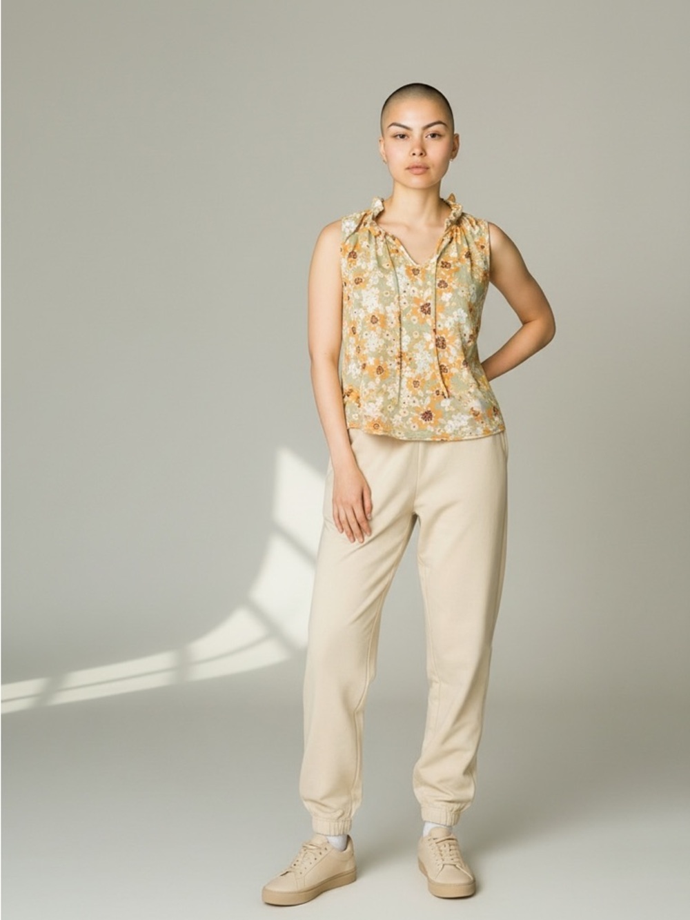Modcloth-brand Floral Sleeveless Ruffled Tie-Neck Top in Yellow - Medium